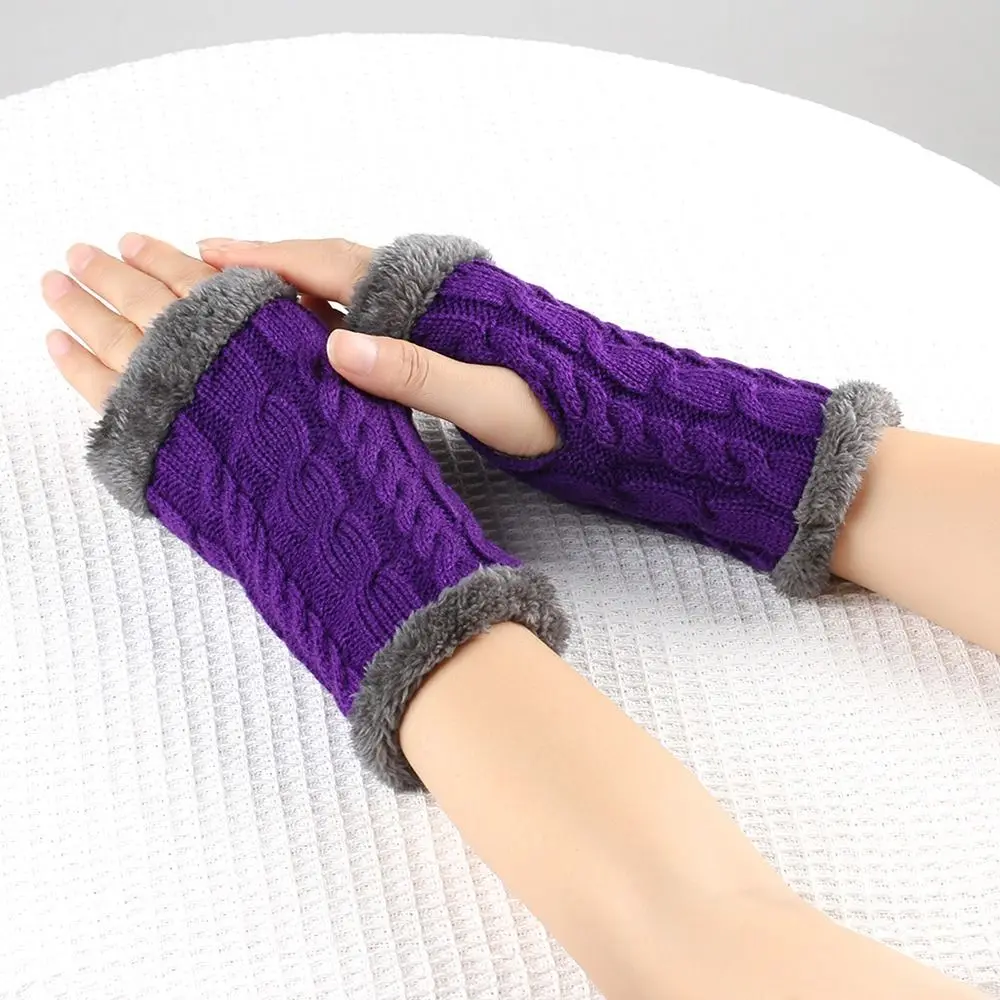 Fleece Lined Fingerless Gloves Knitted Stretchy Warm Gloves Winter Soft Writing Typing Thumb Hole Mittens