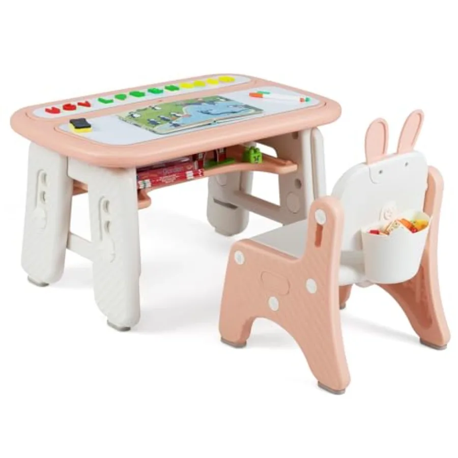 

Adjustable Height Table and Chair Set with Bunny-Shaped Chair Pink Magnetic Drawing Boards Storage Art Supplies Suitable for To