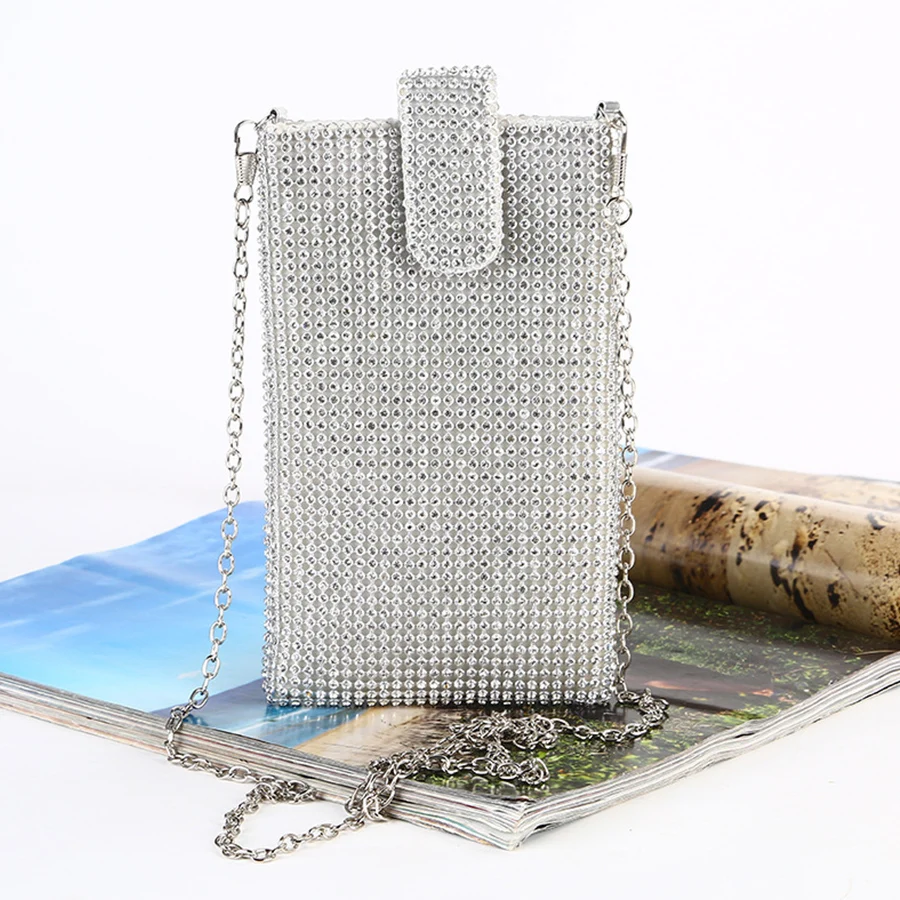Shiny rhinestone mobile phone wallet, metal chain shoulder lipstick mini bag, dinner party dinner bags,solid color messenger bag