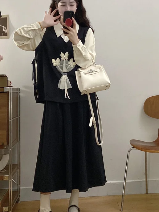 Primavera 2025, conjunto Faion de talla grande para mujer con falda de flores y pajarita, conjunto de dos piezas largo Sve