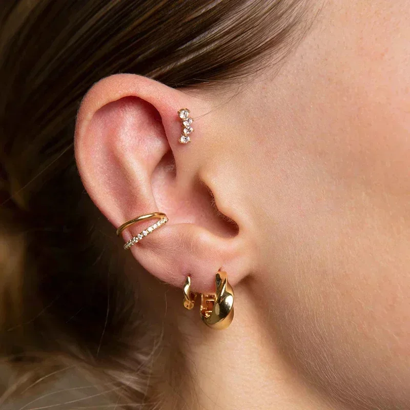Perforation 925 Sterling Silver Ear Needle Minimalist Hoop Earrings Metallic Style Gold Earrings For Women CZ Fashion Jewelry