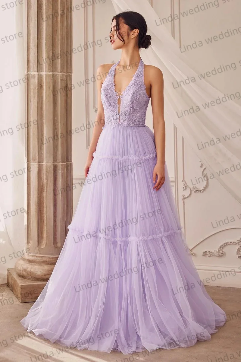 Vestidos de Noche de línea A sin mangas con cuello Halter, vestido de graduación, apliques de encaje, vestido largo Formal de fiesta, túnicas sin espalda, púrpura