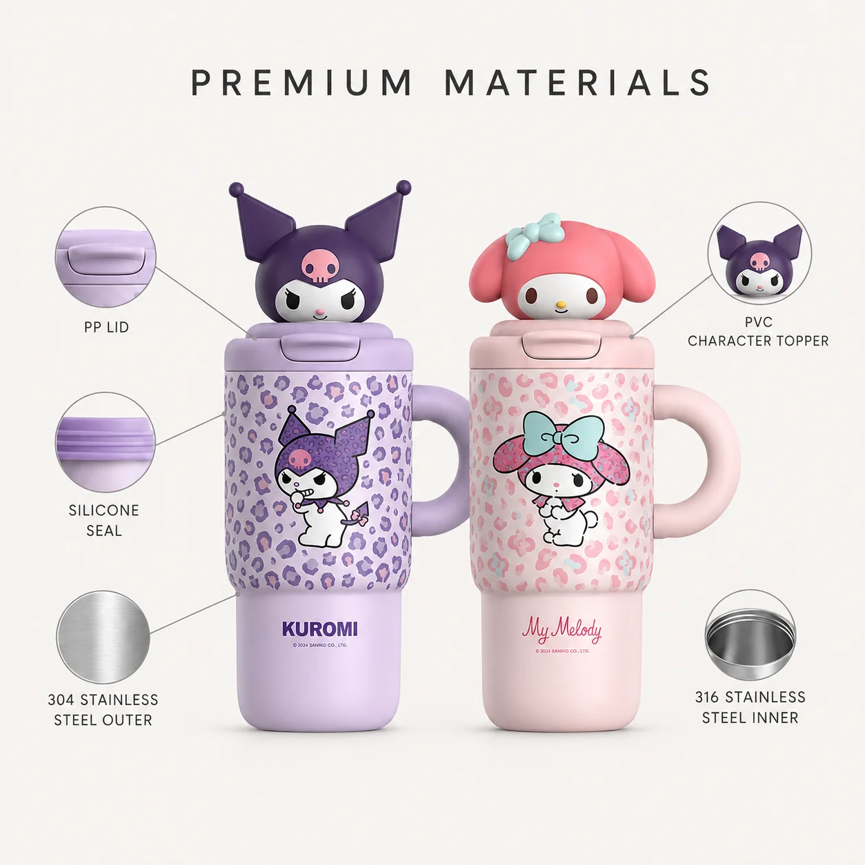 Sanrio 650mL Insulated Tumbler Straw Cup Stainless Steel Thermal Mug Travel Water Bottle Handle Figurine Drinkware Gift
