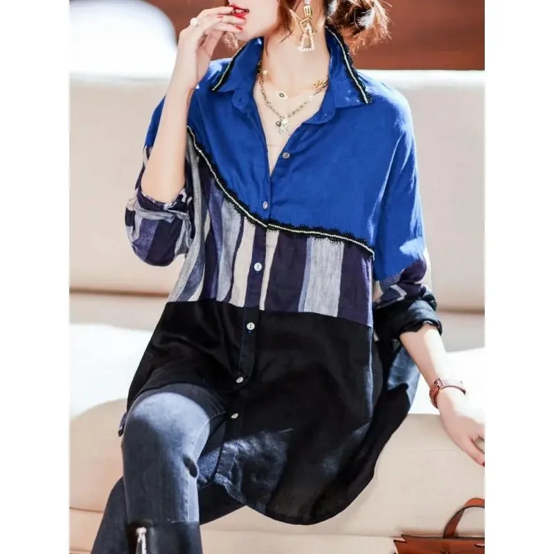 New Contrast Single-Breasted Shirt Female 2024 New Loose Fat Sister Spring Coat Female Autumn Long-Sleeved Ladies Shirts Coat