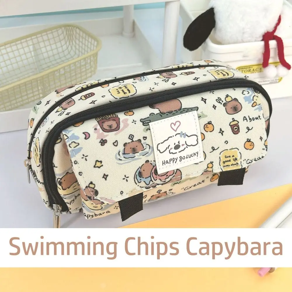 Capybara Cartoon Print Pencil Case Multi-functional Large Capacity Pen Bag Flip Over Stationery Storage Pouch for Student Gift