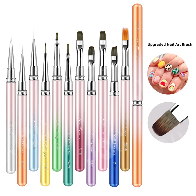 11Style Color Gradient Metal Handle Nail Art Pen Brush Coloring Pen Round Light Therapy Pen Halo Pen Nail Drawing Pen Flower Pen