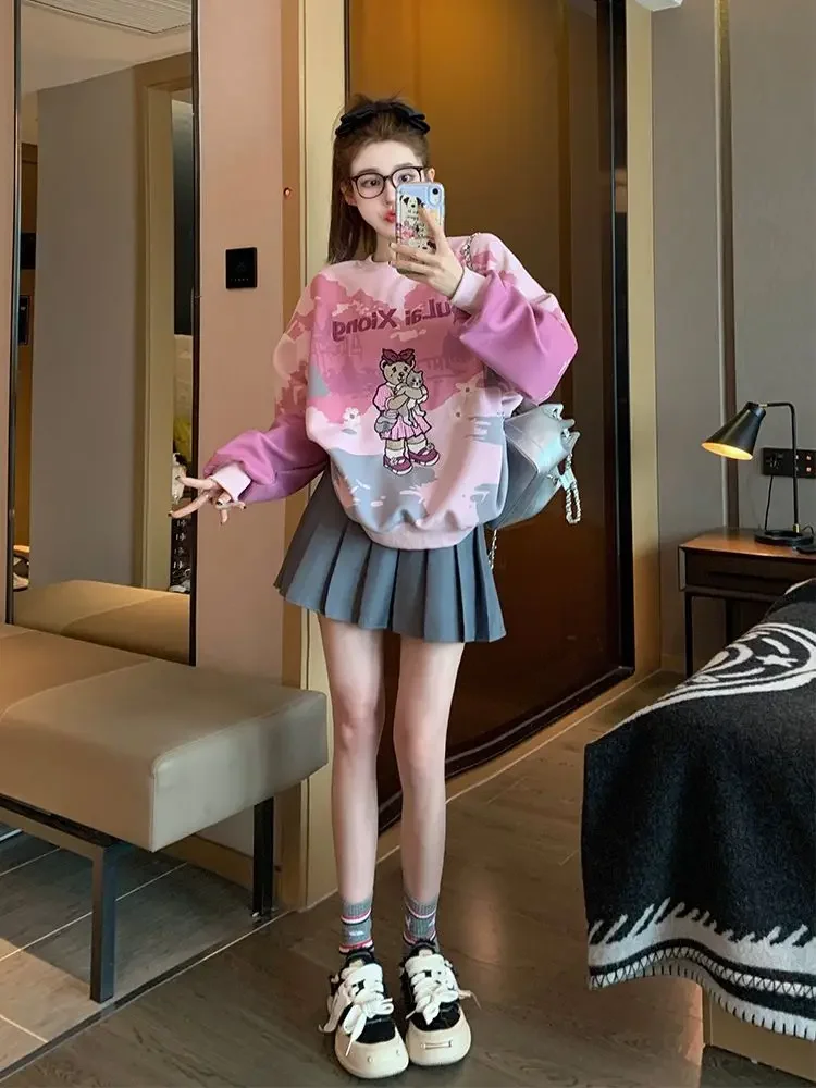 Japanese Cute Cartoon Embroidery Sweatshirt Women Y2k Harajuku Hoodie Spring Autumn Pullover Tie-dye Long Sleeve Tops O-neck New