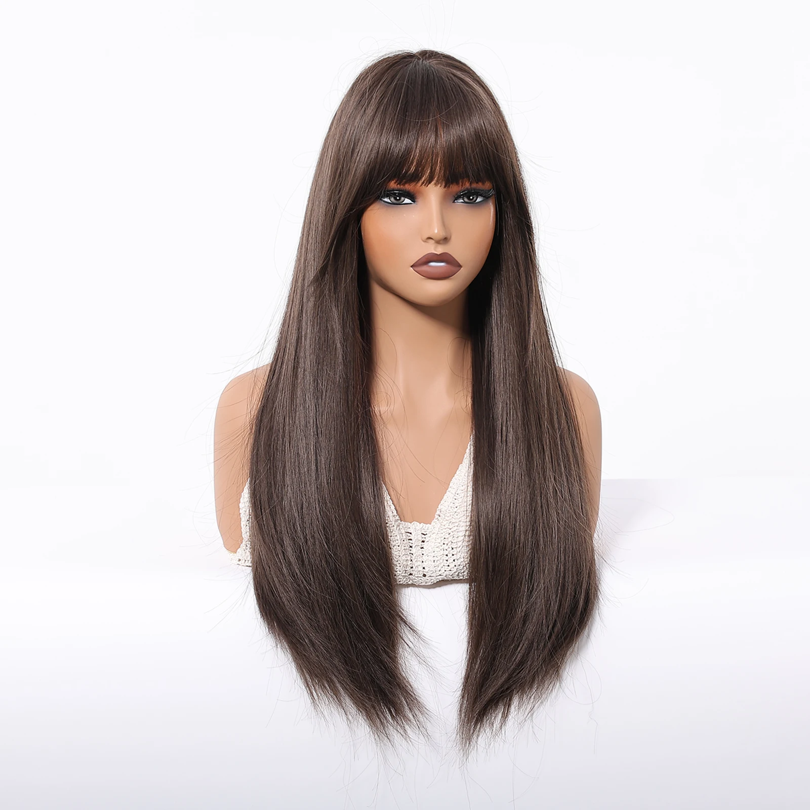 HENRY MARGU Long Straight Brown Synthetic Wig with Bangs Natural Layered Dark Brown Wigs for Women Party Cosplay Use Fake Hair - Image 5