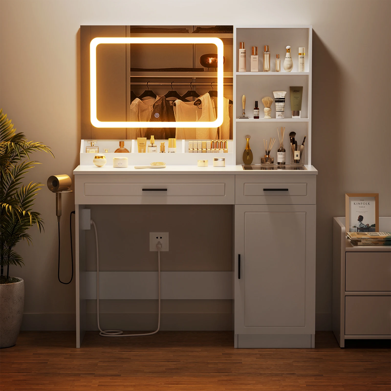 Dressing Table Vanity with Light Mirror Makeup Stool Desk with Mirror Storage Power Outlet and 3 Drawers 3 Color Lighting Modes