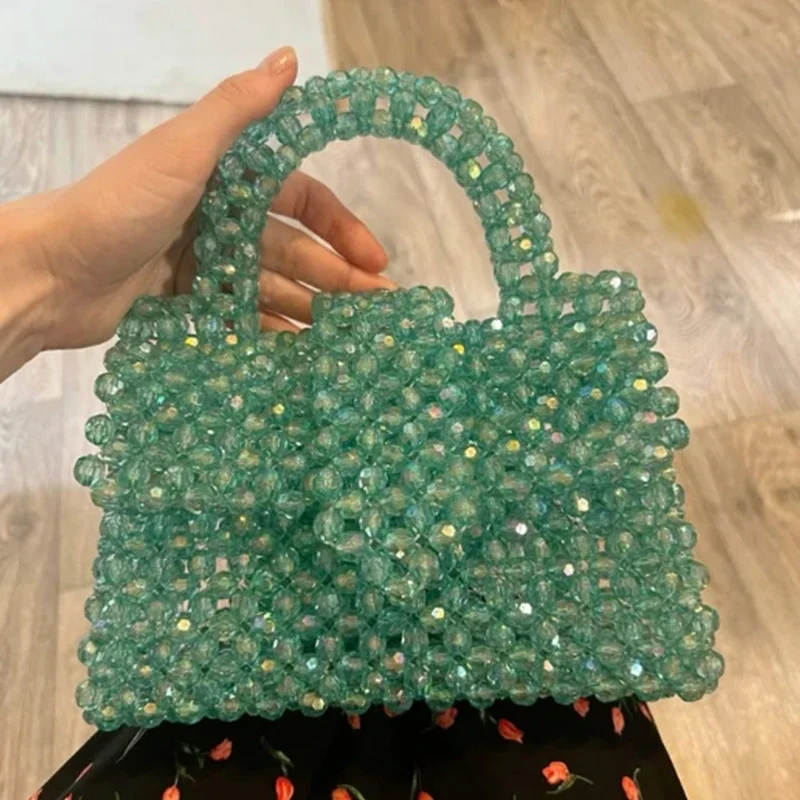 

New Casual Versatile Flip Cover Handbag Small Square Bags for Women Acrylic Bead Hand Woven DIY Women's Bag Customizable Color