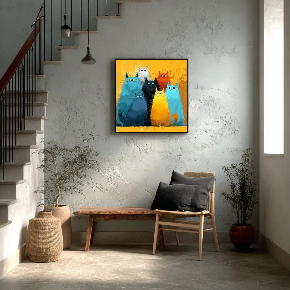 Colorful Group of Cats Painting, Abstract Kitty Canvas Art, Large Quirky Animal Wall Art, Cat Lover Gift, Modern Framed Art,Apar