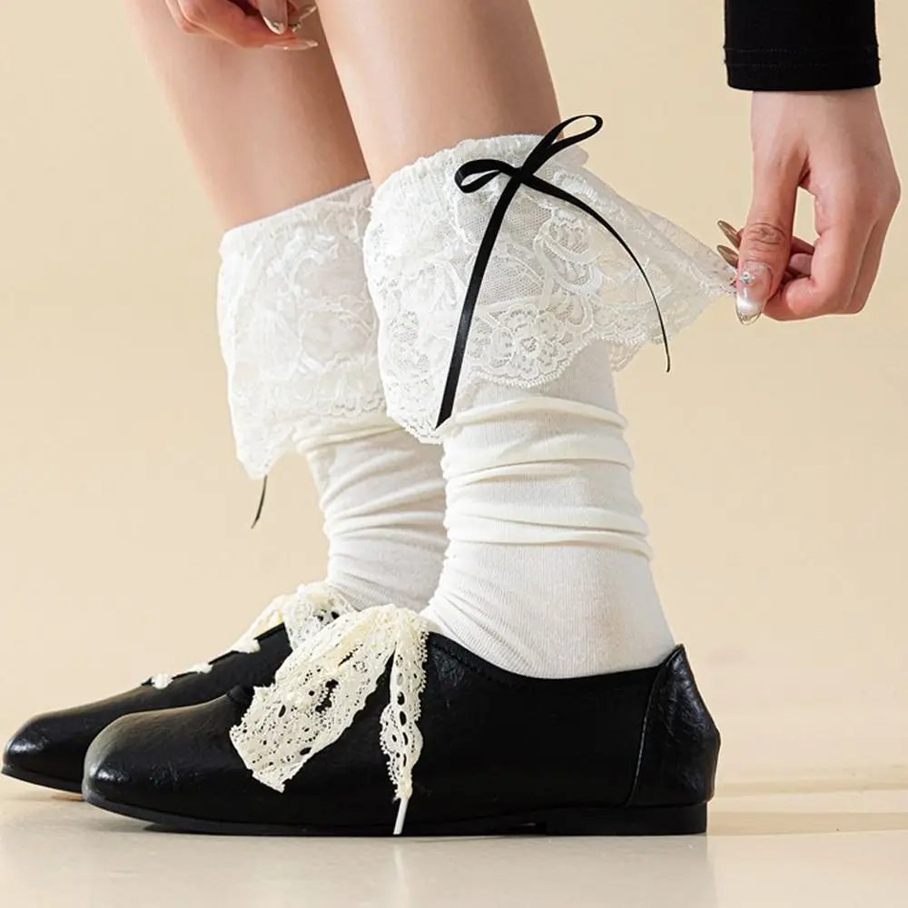 

Новые кружевные длинные носки с рюшами в студенческом стиле, кавайные чулки с лентой и бантом, теплые женские носки