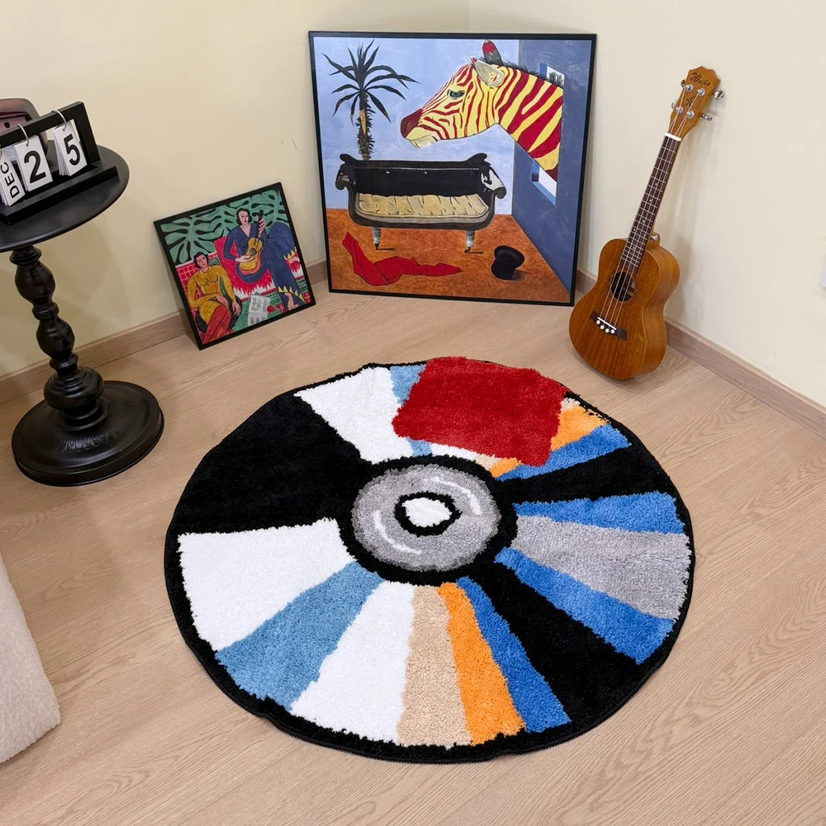 Vintage CD Record Round Area Rug Soft Non‑Slip Floor Carpet Colorful Retro Disk Print Mat for Living Room Bedroom Home Decor