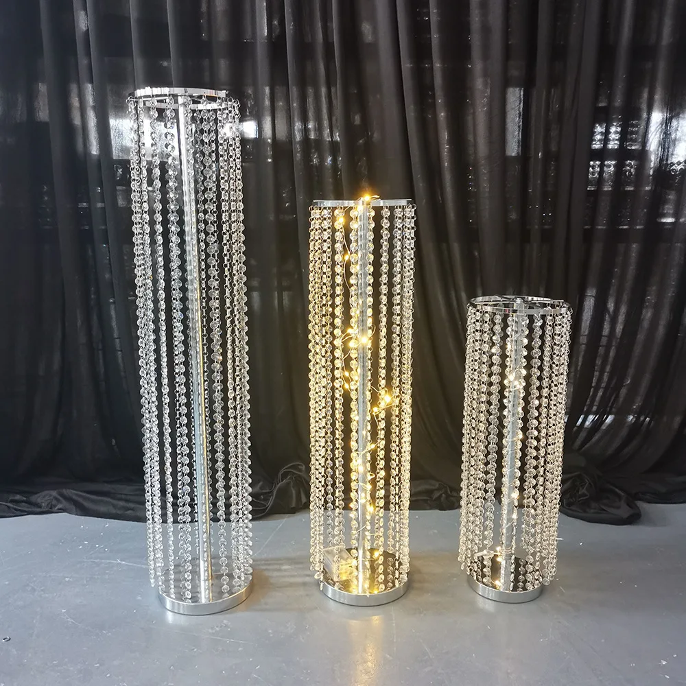 Cylinder Round Shape Flower Stand, Golden, Silver, Wedding Table Centerpiece, Crystal Road Lead, Event Party Decoration