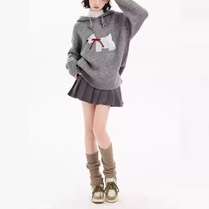 Grey Puppy Hooded Knit Sweater 2024 New Cute Sweater Autumn and Winter Women Lazy High-grade Top