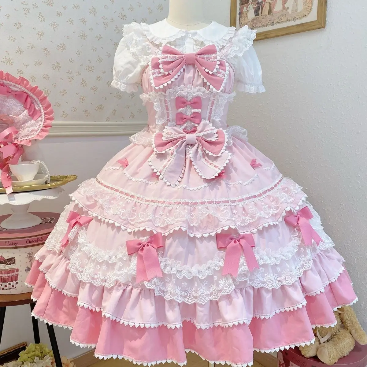 Sweet Lolita Jsk Dress Candy Pink Ruffled Lace Bow Princess Dress Kawaii Cute Harajuku Birthday Party Cosplay Outfit Women Girls