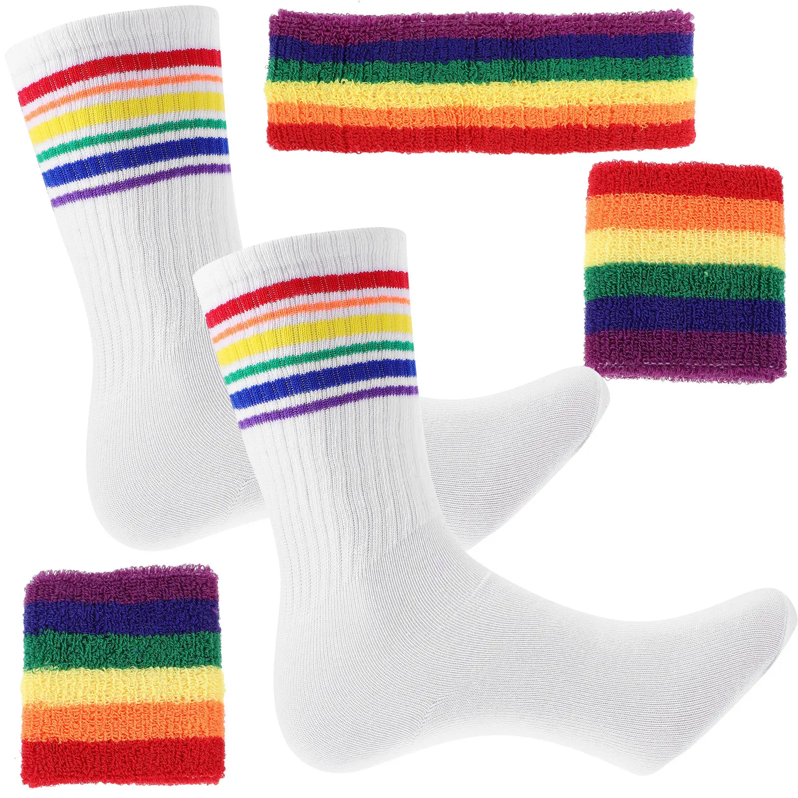 

1Set Rainbow Sweatband Set Polyester Stretchable Wristband Headband Kit for Sports Fitness Running Yoga Sweat Absorption