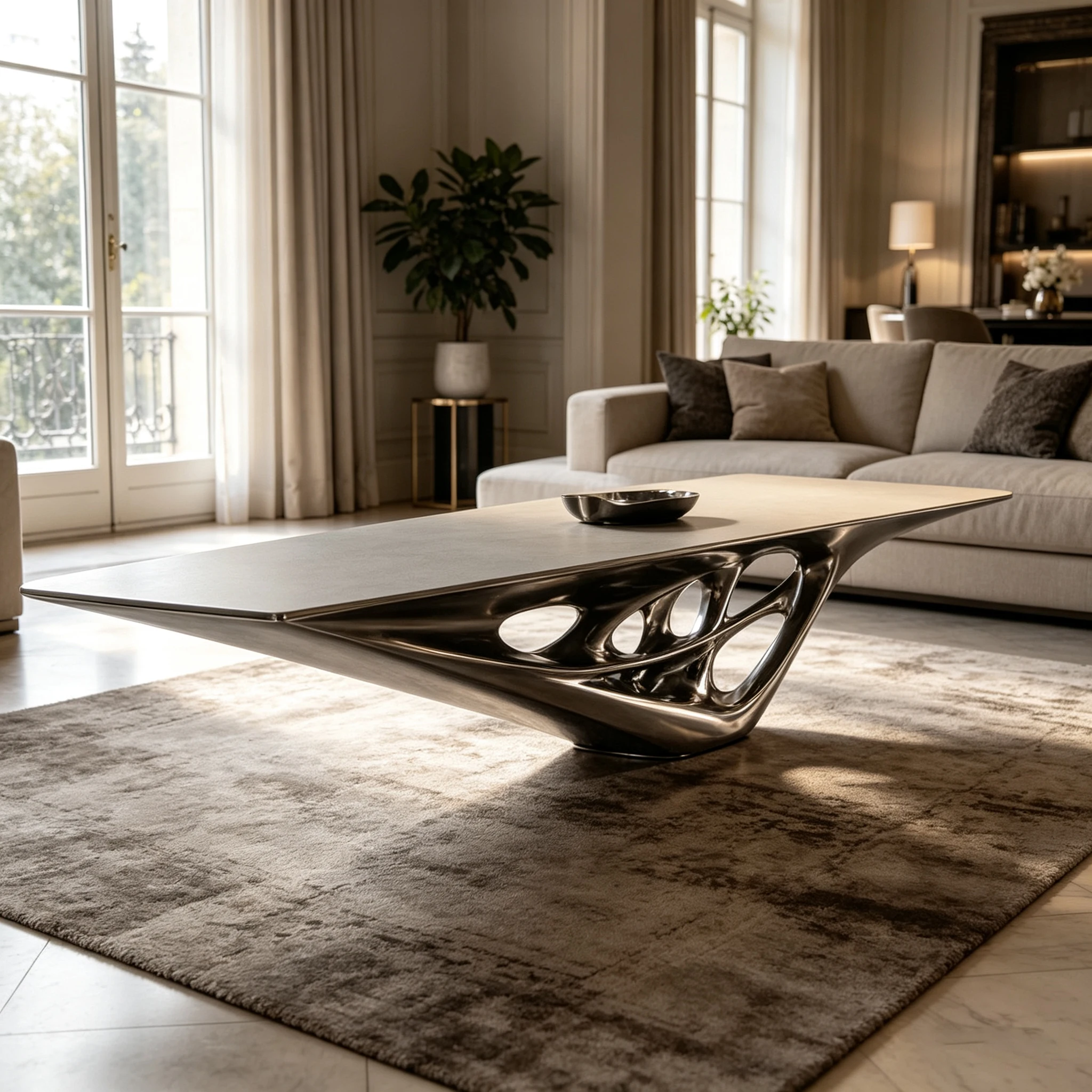 G*-Streamline Curved Hollow Base Center Table Integrated Fiberglass Frame Luxury Metallic Finish for