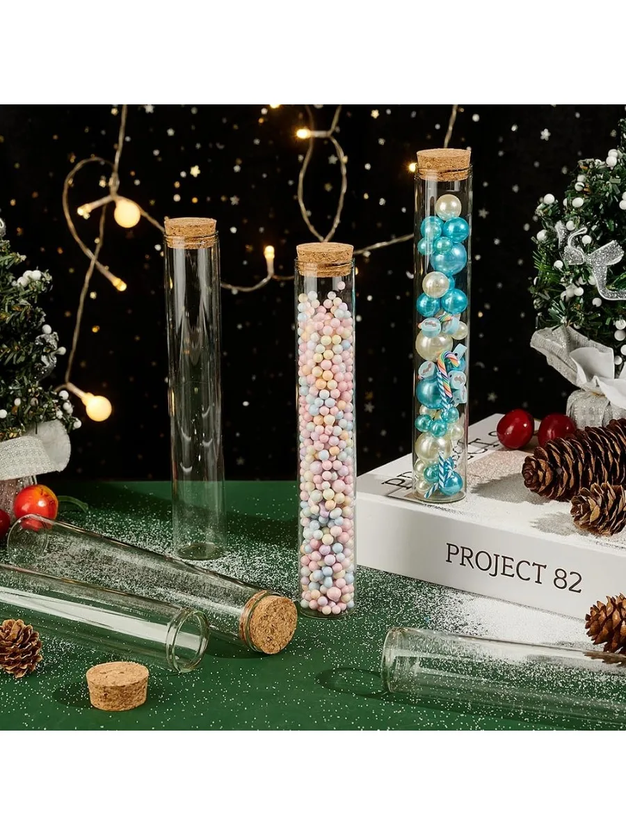10Pcs 100ml Glass Test Tube with Cork Stopper Clear Flat Mini Glass Bottles Jars for Party Favors Candy Spices Beads