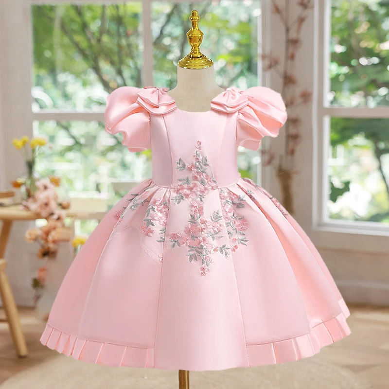 Embroidery Flower Princess Party Dress For Girl Children Costume Puff Sleeve Kids Clothes Birthday Wedding Gown Prom Vestidos