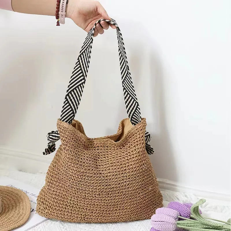 

Handmade Straw Bag with Striped Wide Weaving Strap, Perfect for Beach Vacation