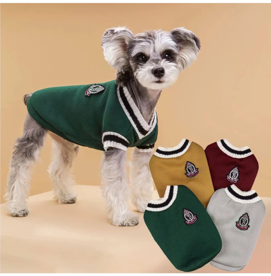 

Winter Warm Pet Dog Sweater College Style V-neck Puppy Knitwear For Small Dogs Puppy Vest Clothes Kitty Jacket Outfits