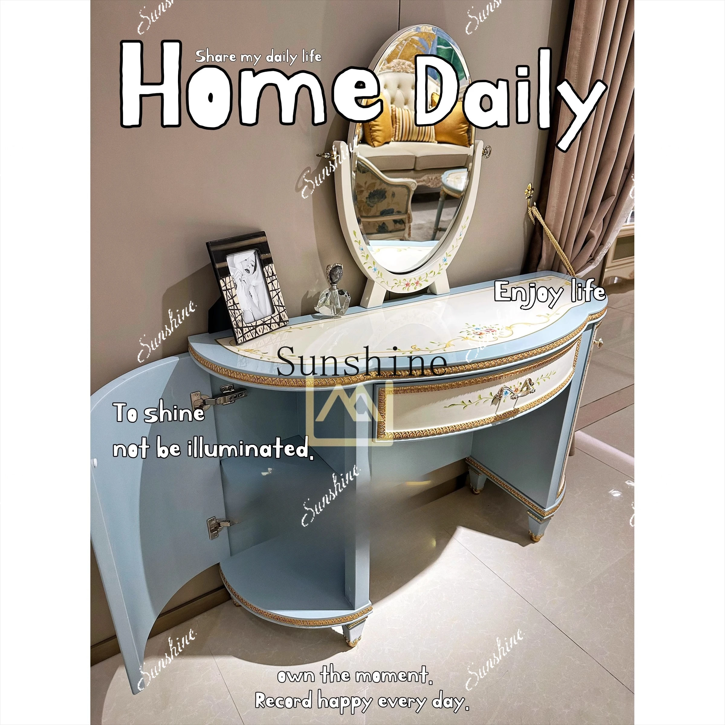 

wood retro white dresser fashionable simple European cream style light luxury advanced feeling painted makeup table and chairsP