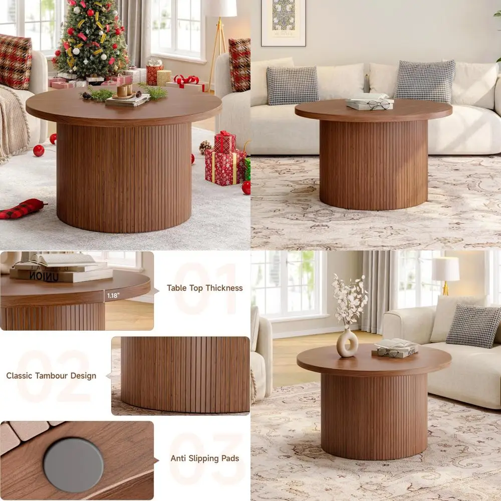 

Mid Century Modern Drum Accent Coffee Table, Round Tambour Design for Living Room, Wooden Table with Vintage Charm