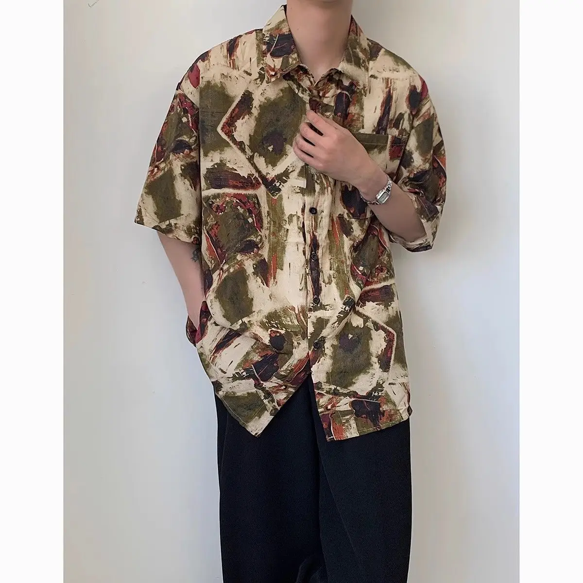 Retro flower short-sleeved shirt men's summer thin American trendy brand handsome loose casual three-quarter sleeve shirt tops