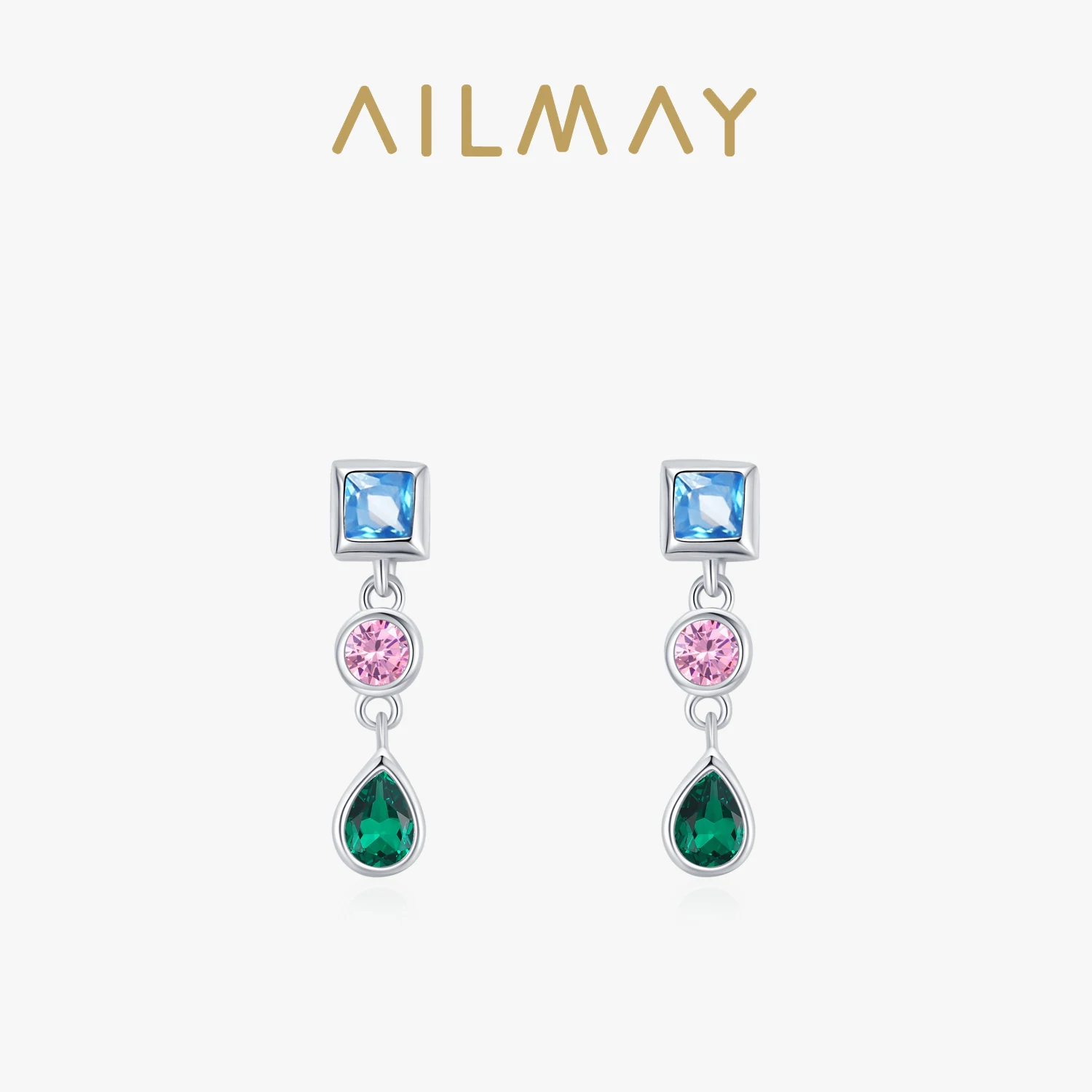 Ailmay 925 Sterling Silver modna tęcza CZ geometryczny wzór kolczyki sztyfty dla kobiet dziewczęce biżuteria ślubna akcesoria imprezowe