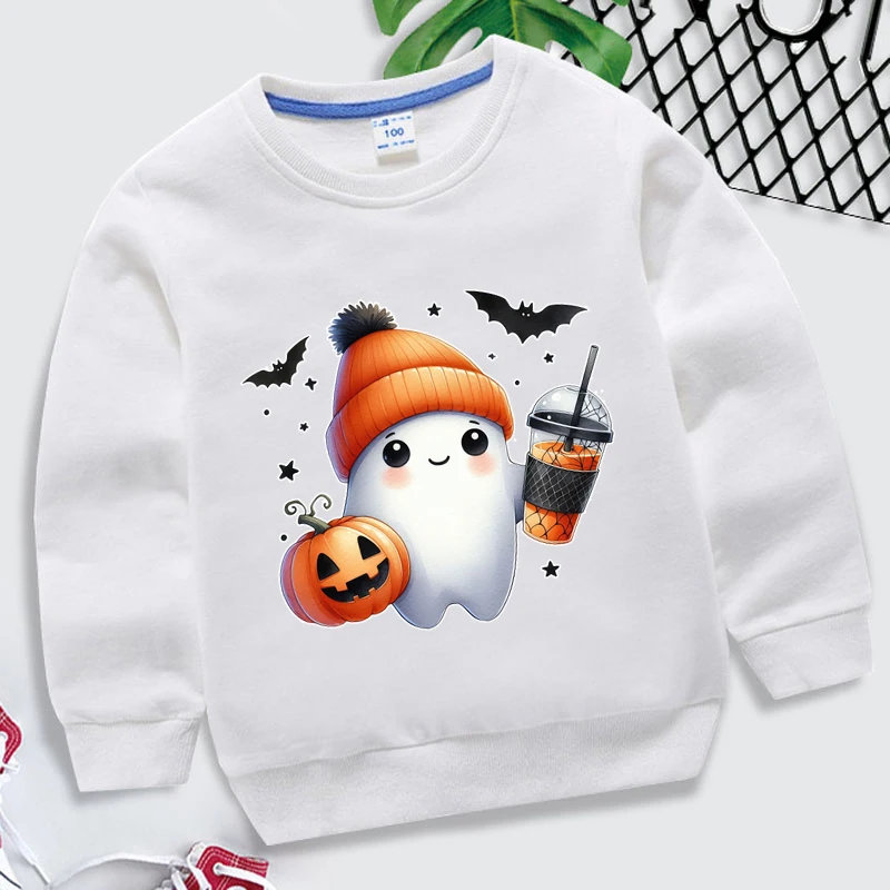 Halloween Ghost Pumpkin Bat Print Sweatshirt For Chidlren Cute Casual Round Neck Graphic Kids Boys Girls Sweatshirt