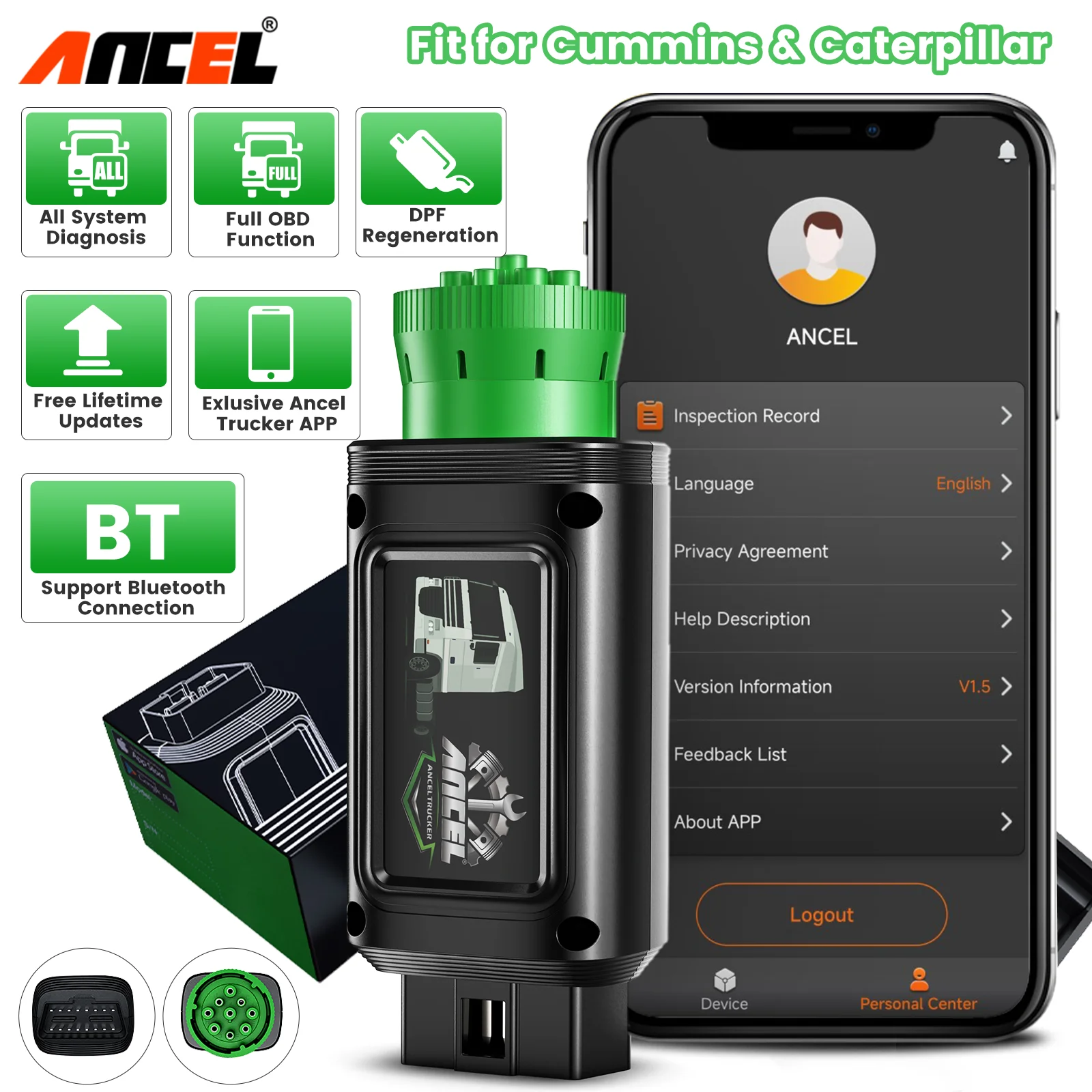 ANCEL HD100 Heavy Duty Truck Scanner BT for Cummins & Caterpillar Engine D.PF Regen Reset Full System Diesel Diagnostic Tool HDOBD OBD2 Code Reader for Semi Trucks Lifetime Free Update