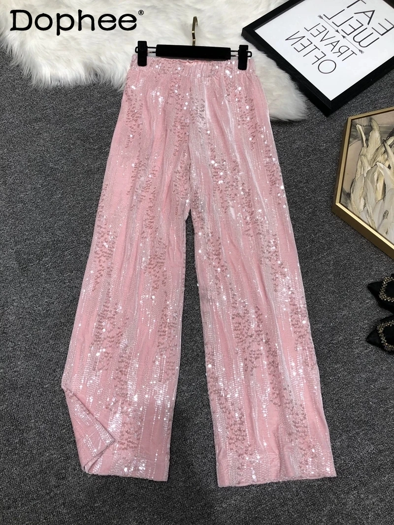 

Sweet Pink Velvet Sequins Straight-Leg Trousers Women 2024 Autumn New Glossy Casual Mop Wide Leg Pants Korean Fashion Y2k Pants