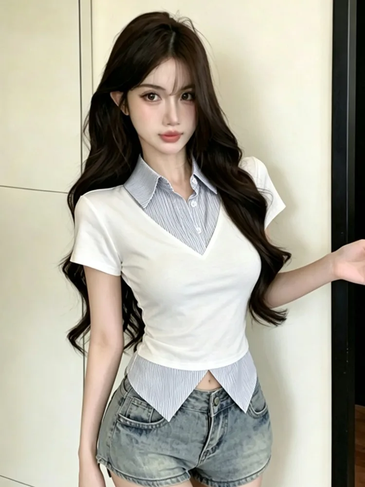 

Summer New Design Collar Splice Stripe Slim Short Sleeve Asymmetrical Top Sexy Girl Fake Two-Piece T-Shirt Skin-Friendly...