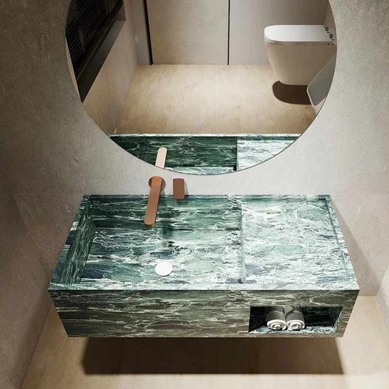 Customizable Green Marble Bathroom Sink Storage Shelf Handcrafted Bathroom Basin Modern Home Premium Natural Stone Wash Basin