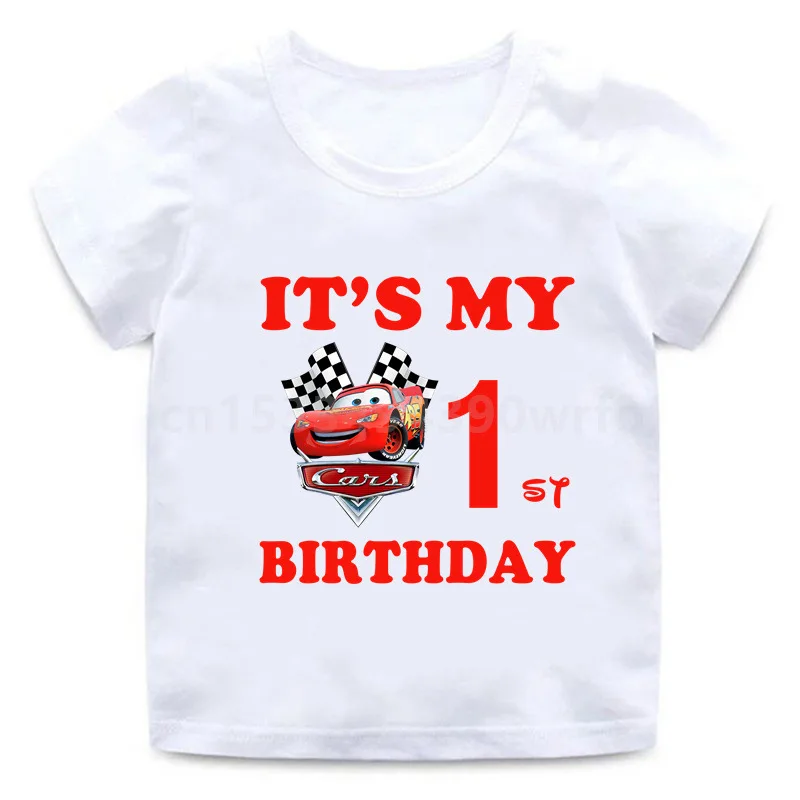 T-shirt joyeux anniversaire Pixar Rains Mcqueen pour enfants, chemises imprimées blanches, cadeaux unisexes pour enfants, vêtements pour enfants, c'est mon anniversaire