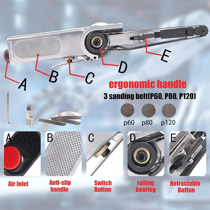 Szlifierka taśmowa pneumatyczna A79I z taśmą szlifierską 3/8 x 13 cali (grubość ziarnienia 60, 80, 120) do obróbki metalu i drewna.