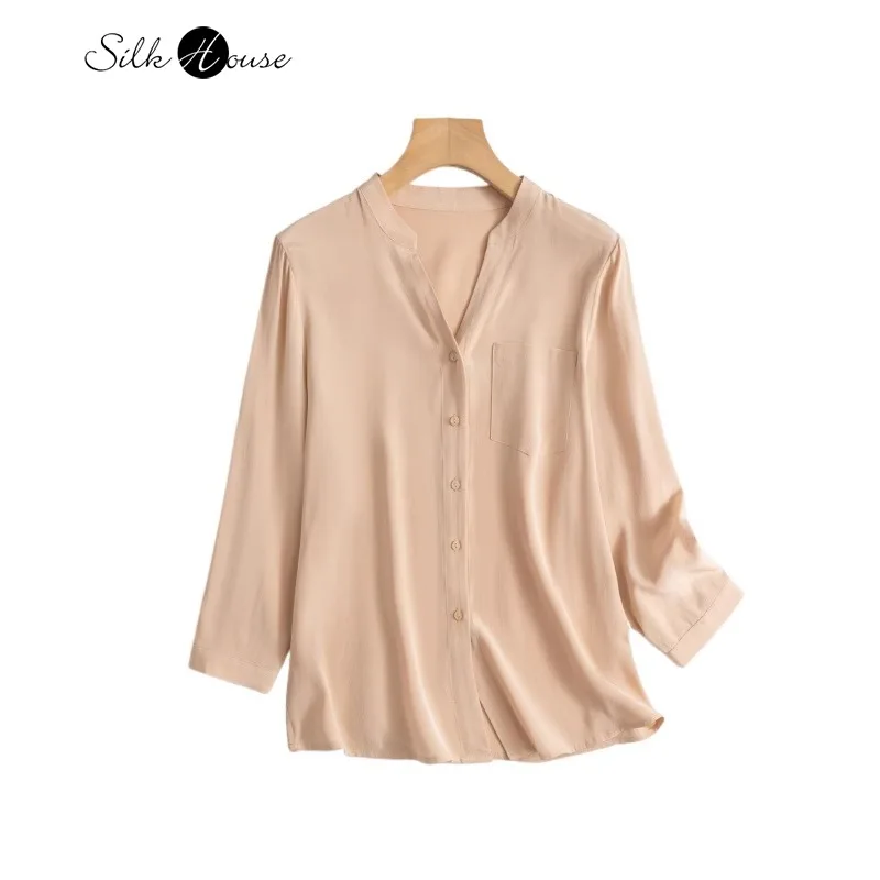 

Women's Summer New 26MM 100% Natural Mulberry Silk Heavy Crepe V-neck Skin Solid Color Nine Quarter Sleeve Loose Versatile Shirt