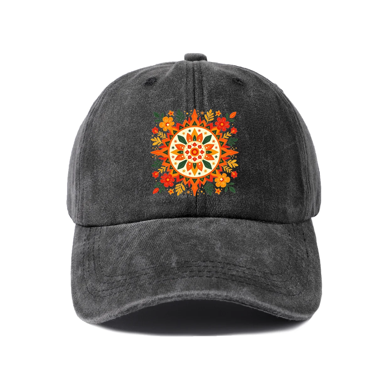 Orange Sun Compass Graphic Baseball Cap, Vintage Washed Adjustable Unisex Dad Hat, Casual Gift