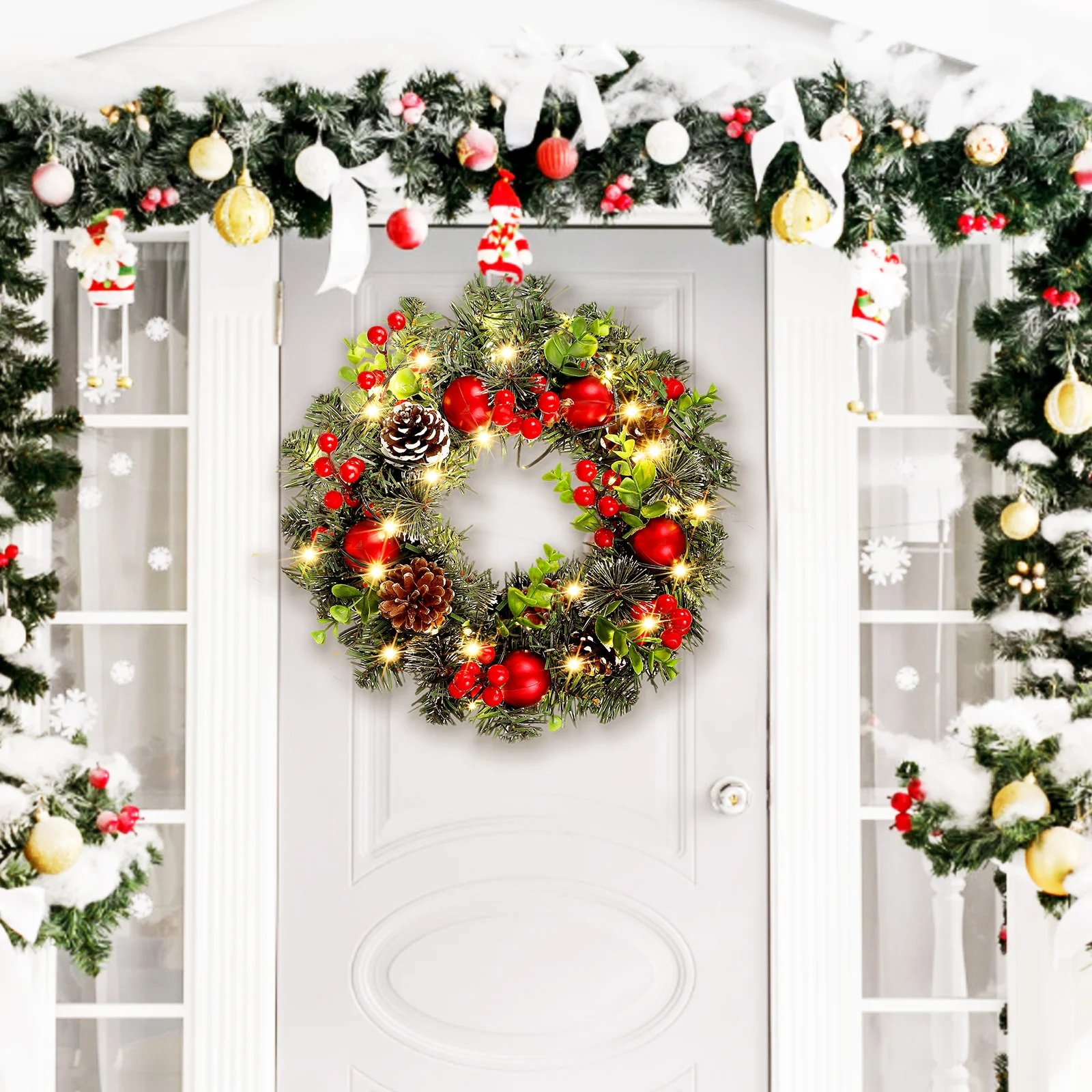 30CM Christmas Wreath 20 LED Lights Free Front Door Decor Xmas Wall Hanging nament PVC Craft Party Holiday