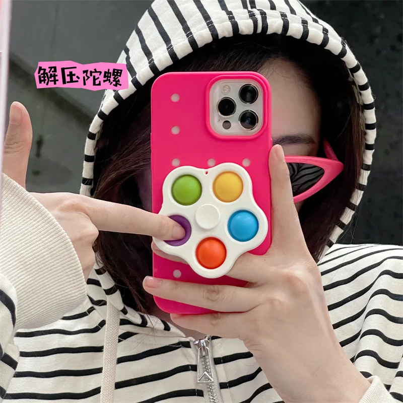 Cute Stress Relief Spinning Gyro Phone Case For iPhone 14 11 12 13 Pro Max 14pro Silicone Cover Fashion Lovely Hollow DIY Cases