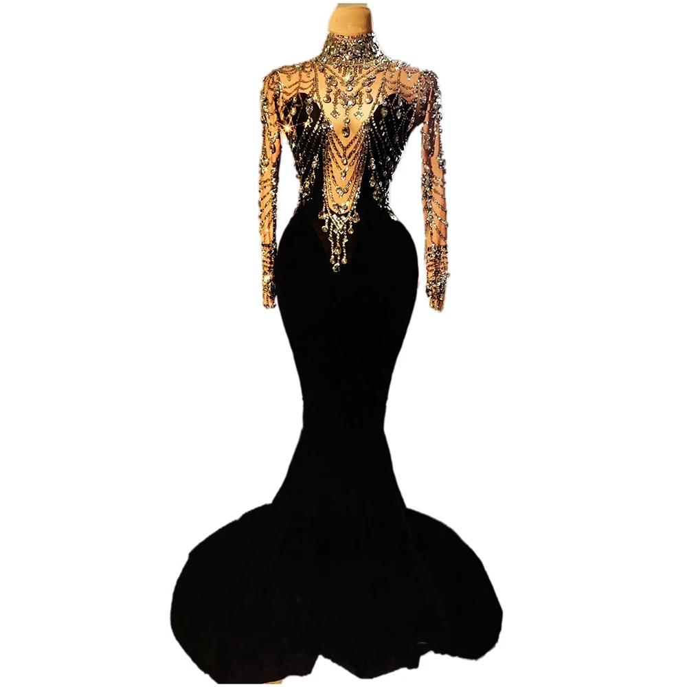 Vestido de sirena negro brillante sin espalda para mujer, ropa de escenario de Club hasta el suelo, disfraz teatral brillante