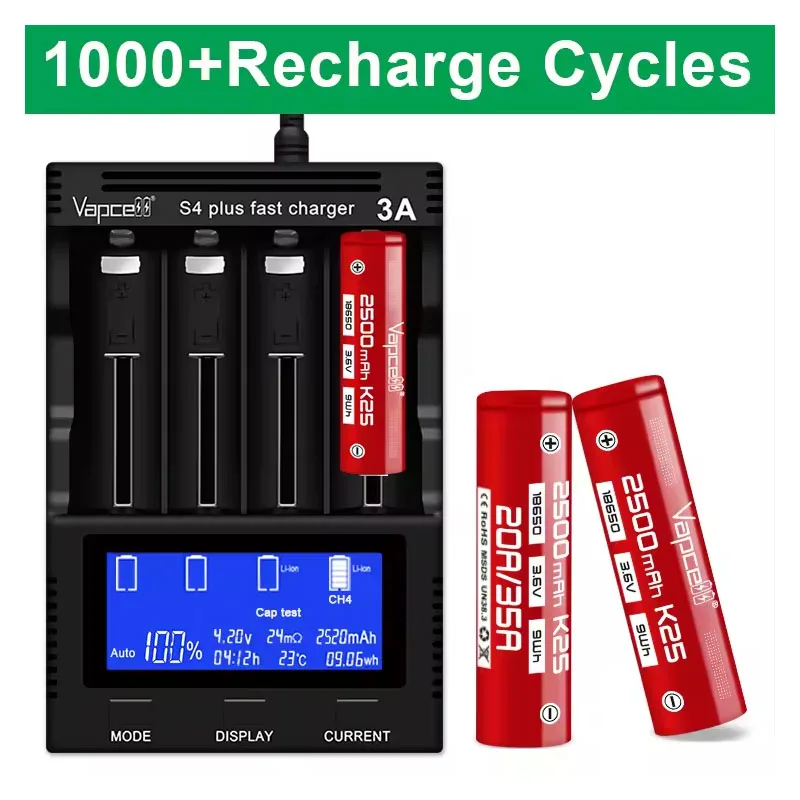 Original Vapcell 18650 K25 2500mah Lithium Battery 20A CDR/35A MAX 3.6V 9Wh Rechargeable Flat Top Batteries INR18650 Power Bank