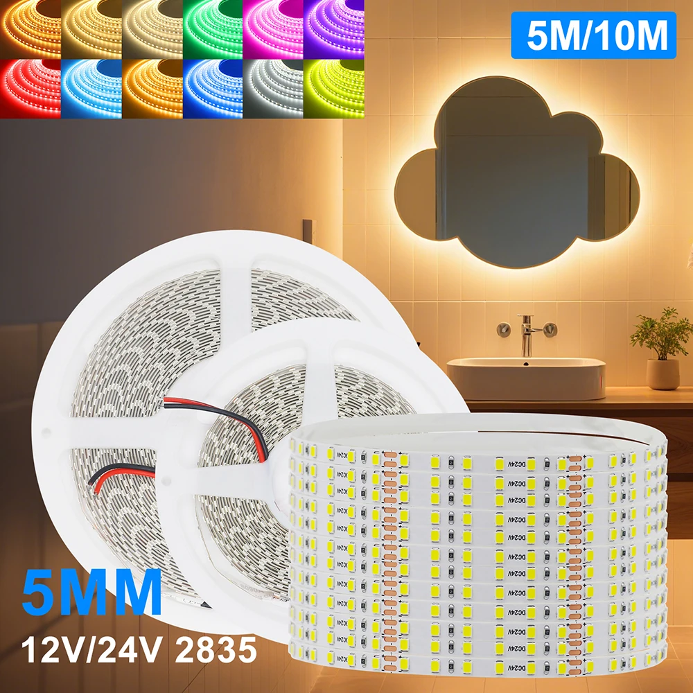 

12V 24V LED Strip Light 2835 120LEDs/M Flexible Adhesive Tape Bright 5mm 8mm PCB 13 Colors Home Decoration Not Waterproof 5M 10M