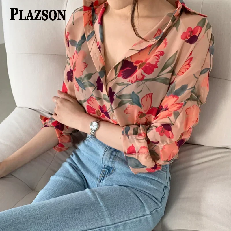 shirts & blouses Women Fashion Floral Printed Single Breasted Blouse Vintage Lapel Neck Long Sleeves Female Chic Lady Shirt