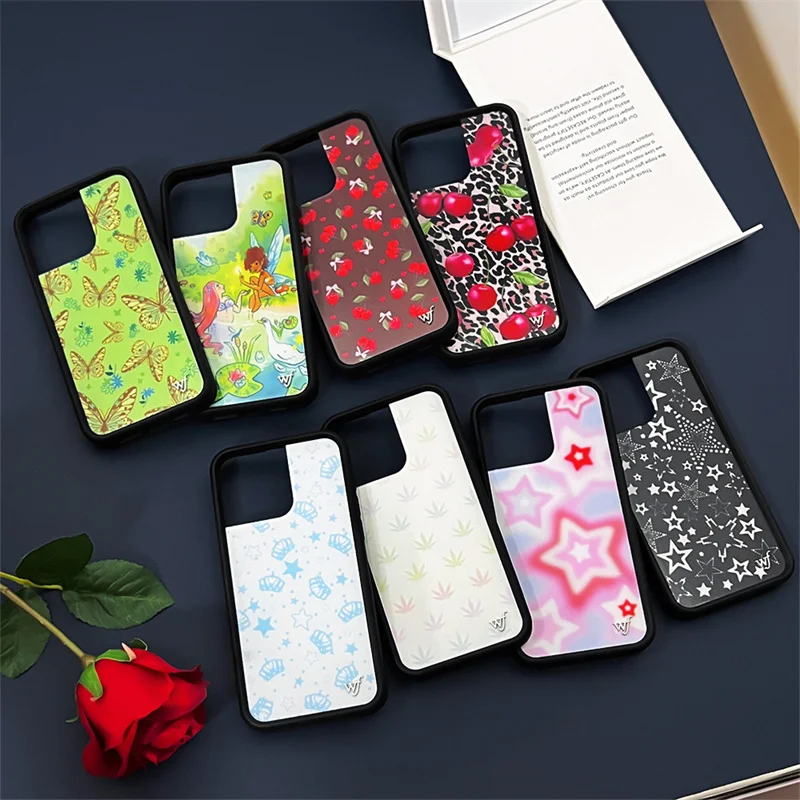 Wildflower 3D Leopard Cherry Phone Case for iPhone 16 15 14 13 12 Pro Max Plus WF Retro Star Crown Strawberry Back Cover Funda