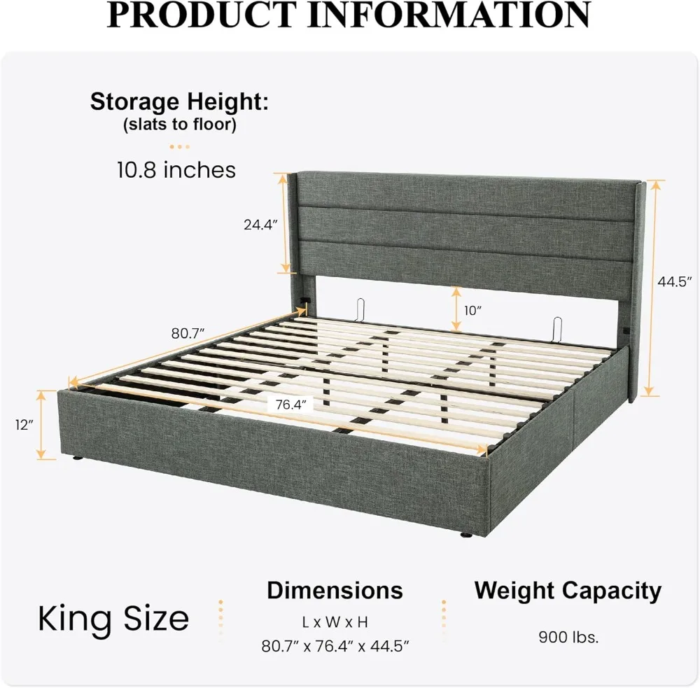 SHA CERLIN King Size Lift Up Storage Bed/Modern Wingback Headboard/Upholstered Platform Bed Frame/Hydraulic Storage