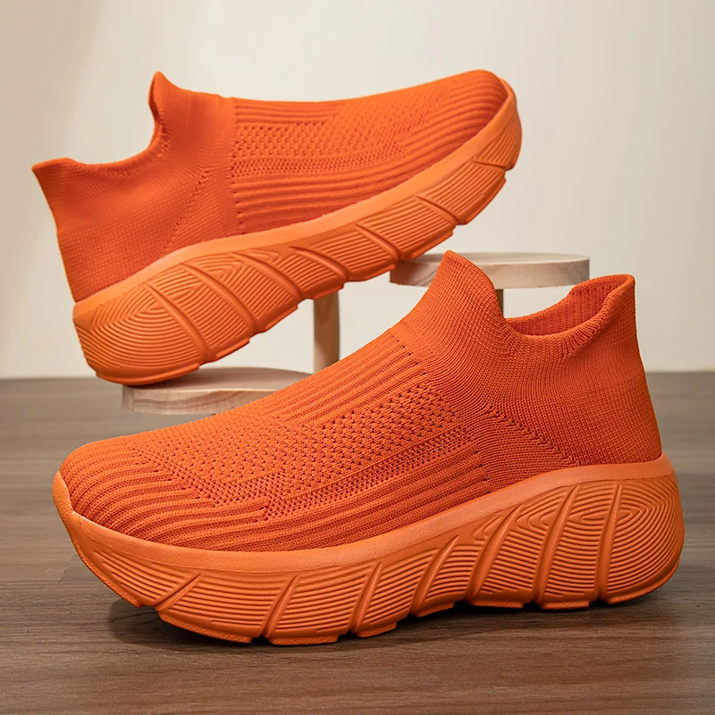 

Lightweight Breathable Knit Sneakers for Men Women - Non-Slip Orange Slip-On Walking Shoes, Comfortable Sock-Style Casual Shoes