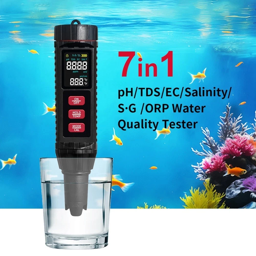 7-in-1 Digital Water Quality Tester, TDS/EC/Salinity/S.G/Temp/pH/ORP Multi Parameter Test Pen, High Precision Water Monitor for Swimming Pool Aquarium Drinking Water Laboratory Hydroponics
