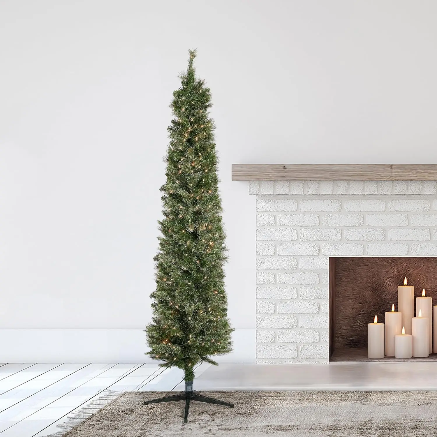 7 Foot Skinny Pencil Pine Pre-Lit Artificial Christmas Tree Holiday Decor with 350 White Clear Lights and Stand, Green